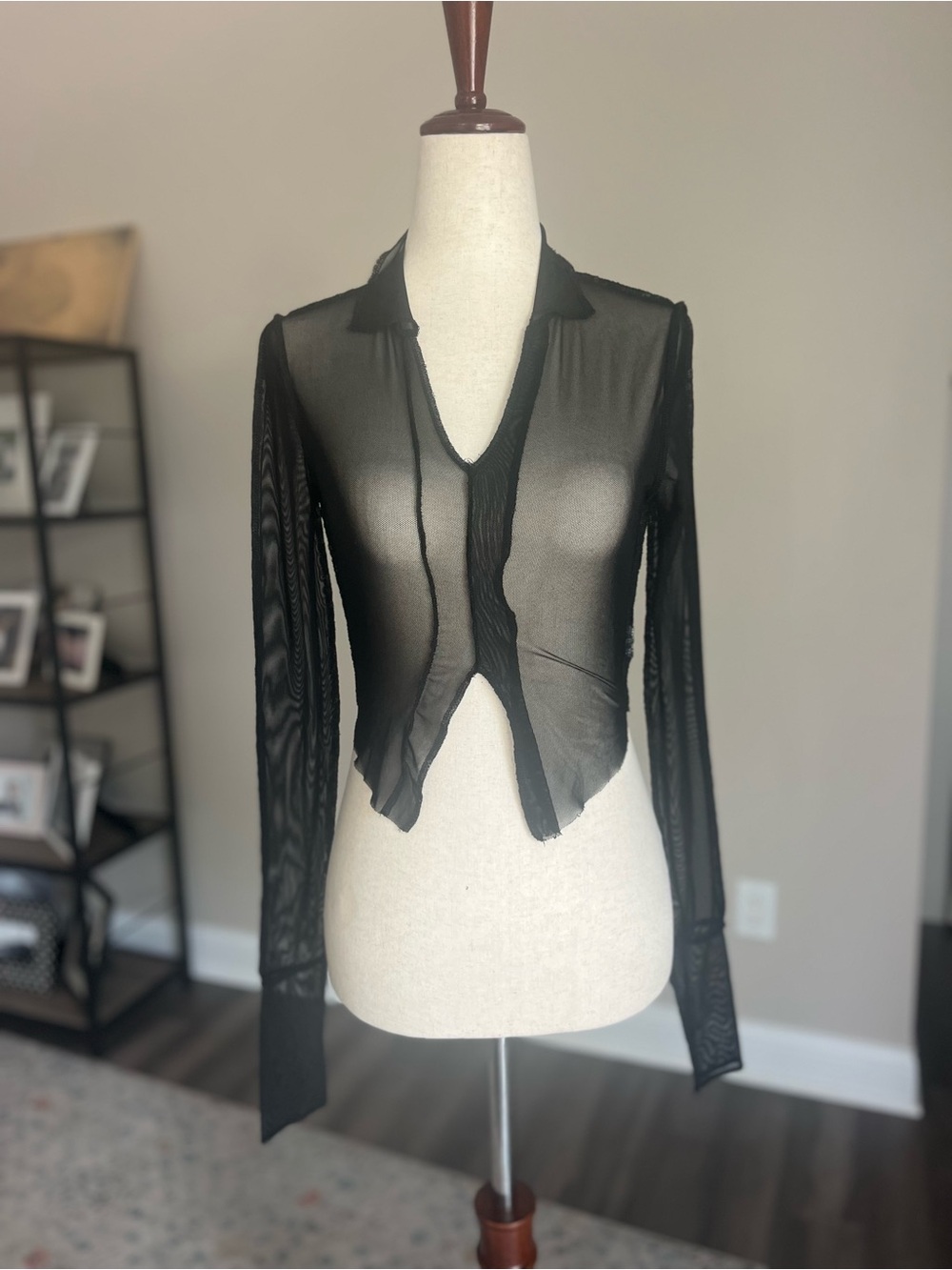 Black Sheer Long-Sleeve Mesh Layering Top